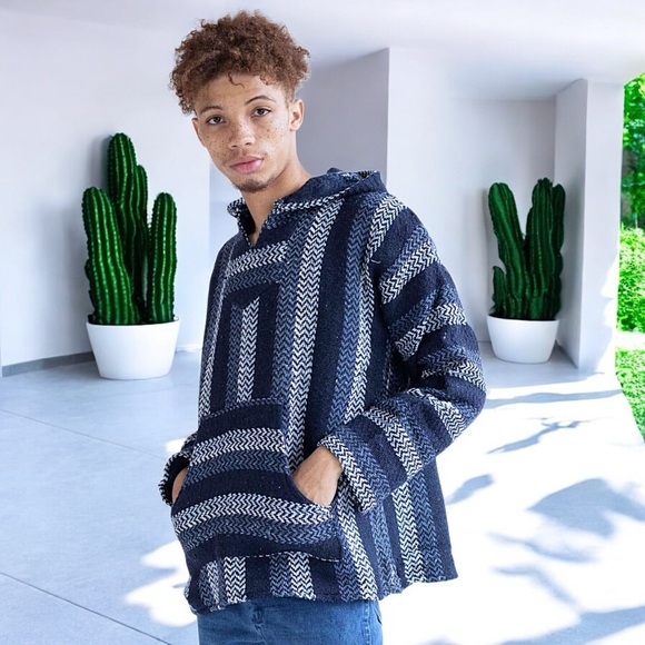 Artesanias Cuamatzi Blue Classic Mexican Baja Hoodie Pullover - Picture 4 of 16